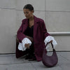 Women's Burgundy Pinstripe Blazer with Notched Lapels and Long Sleeves