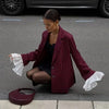 Women's Burgundy Pinstripe Blazer with Notched Lapels and Long Sleeves
