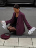 Women's Burgundy Pinstripe Blazer with Notched Lapels and Long Sleeves