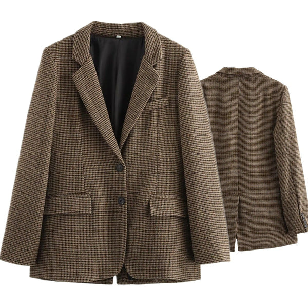 Women's Brown Plaid Single-Breasted Blazer Jacket for Winter