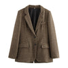 Women's Brown Plaid Single-Breasted Blazer Jacket for Winter