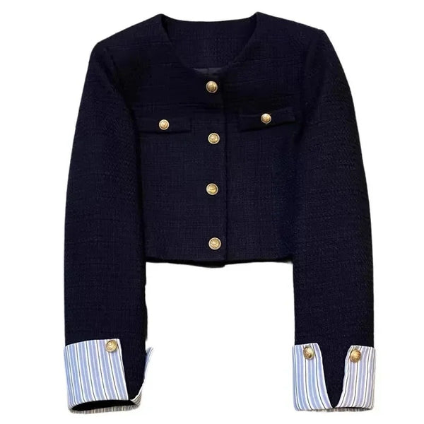 Women's Navy Blue Round-Neck Blazer with Long Sleeves and Button Cuffs