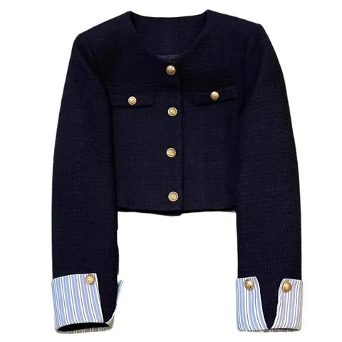Women's Navy Blue Round-Neck Blazer with Long Sleeves and Button Cuffs