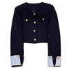 Women's Navy Blue Round-Neck Blazer with Long Sleeves and Button Cuffs