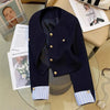 Women's Navy Blue Round-Neck Blazer with Long Sleeves and Button Cuffs