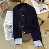 Women's Navy Blue Round-Neck Blazer with Long Sleeves and Button Cuffs