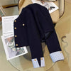 Women's Navy Blue Round-Neck Blazer with Long Sleeves and Button Cuffs