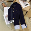 Women's Navy Blue Round-Neck Blazer with Long Sleeves and Button Cuffs