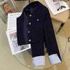 Women's Navy Blue Round-Neck Blazer with Long Sleeves and Button Cuffs