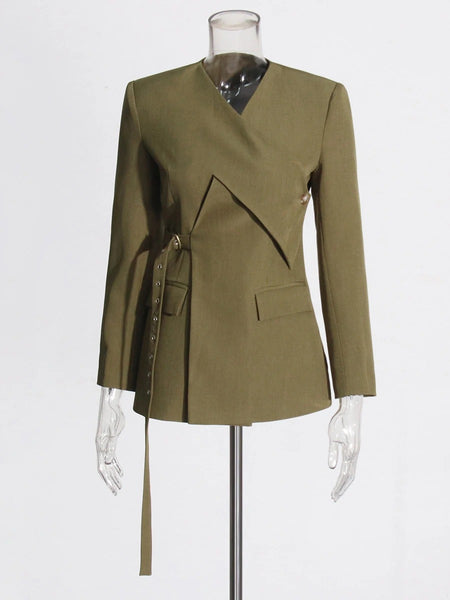 Women's Asymmetrical V-Neck Blazer with Lace-Up Detail in Burgundy or Green