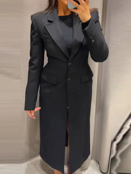 Women's Long-Sleeve Blazer Coat with Shoulder Pads in a Long or Short Fit