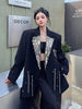 Women's Oversized Black Blazer with Sequin Lapels and Chain Detail