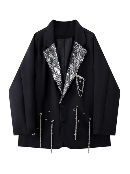 Women's Oversized Black Blazer with Sequin Lapels and Chain Detail