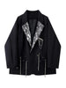 Women's Oversized Black Blazer with Sequin Lapels and Chain Detail