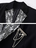 Women's Oversized Black Blazer with Sequin Lapels and Chain Detail