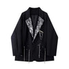 Women's Oversized Black Blazer with Sequin Lapels and Chain Detail