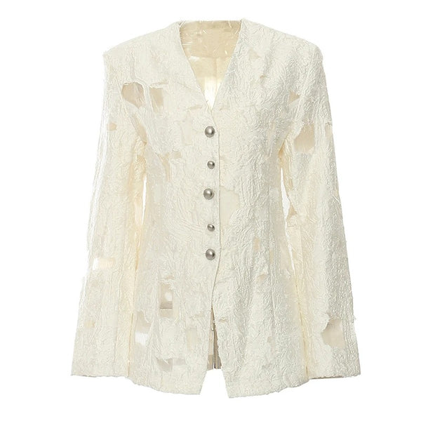 Women's Beige Jacquard Blazer with a V-Neck and Loose Fit