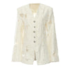 Women's Beige Jacquard Blazer with a V-Neck and Loose Fit