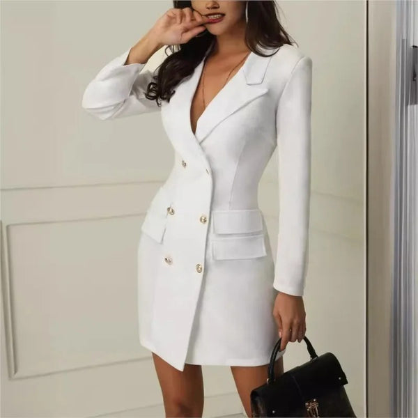 Women's Long-Sleeve Blazer Dress with a Double-Breasted Front in Black or White