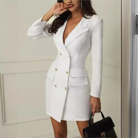 Women's Long-Sleeve Blazer Dress with a Double-Breasted Front in Black or White