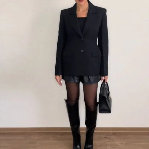 Women's Black Commute Blazer with a Deep V-Neck and Cinched Waist