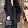Women's Black Loose Fit Double Breasted Blazer with Rhinestone Embellishments and Long Sleeves