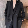 Women's Black Loose Fit Double Breasted Blazer with Rhinestone Embellishments and Long Sleeves