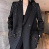 Women's Black Loose Fit Double Breasted Blazer with Rhinestone Embellishments and Long Sleeves