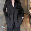 Women's Black Loose Fit Double Breasted Blazer with Rhinestone Embellishments and Long Sleeves