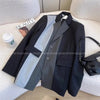 Women's Black Grey Atitching Contrast Blazer Autumn Retro Design Sense Silhouette Loose Thin Suit Top