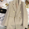 Women's Beige Double-Breasted Blazer with Notched Lapels and Textured Fabric