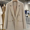 Women's Beige Double-Breasted Blazer with Notched Lapels and Textured Fabric