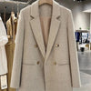 Women's Beige Double-Breasted Blazer with Notched Lapels and Textured Fabric