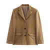 Women's Brown Suede-Look Blazer Jacket with Long Sleeves