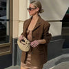 Women's Brown Suede-Look Blazer Jacket with Long Sleeves