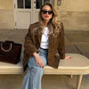 Women's Brown Suede-Look Blazer Jacket with Long Sleeves