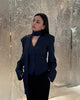Women's Striped Blazer with a Lace-Up V-Neck and Patchwork Detail