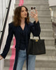 Women's Striped Blazer with a Lace-Up V-Neck and Patchwork Detail