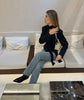 Women's Striped Blazer with a Lace-Up V-Neck and Patchwork Detail