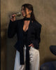 Women's Striped Blazer with a Lace-Up V-Neck and Patchwork Detail