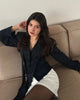 Women's Striped Blazer with a Lace-Up V-Neck and Patchwork Detail