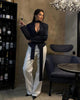 Women's Striped Blazer with a Lace-Up V-Neck and Patchwork Detail