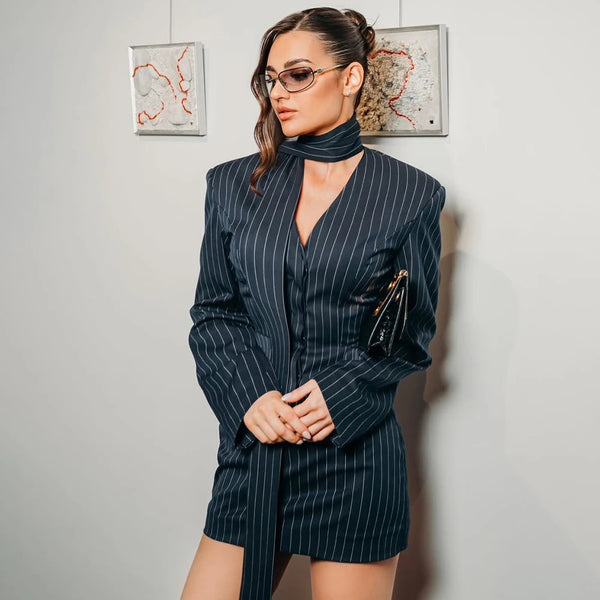 Women's Striped Blazer with a Lace-Up V-Neck and Patchwork Detail