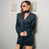 Women's Striped Blazer with a Lace-Up V-Neck and Patchwork Detail