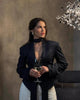 Women's Striped Blazer with a Lace-Up V-Neck and Patchwork Detail