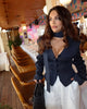 Women's Striped Blazer with a Lace-Up V-Neck and Patchwork Detail