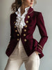 Women's Burgundy Tailed Blazer with a Stand Collar and Long Sleeves
