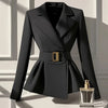 Women's Black Wrap Blazer with a Belted Waist and Long Sleeves for Spring and Autumn