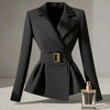 Women's Black Wrap Blazer with a Belted Waist and Long Sleeves for Spring and Autumn