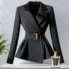 Women's Black Wrap Blazer with a Belted Waist and Long Sleeves for Spring and Autumn